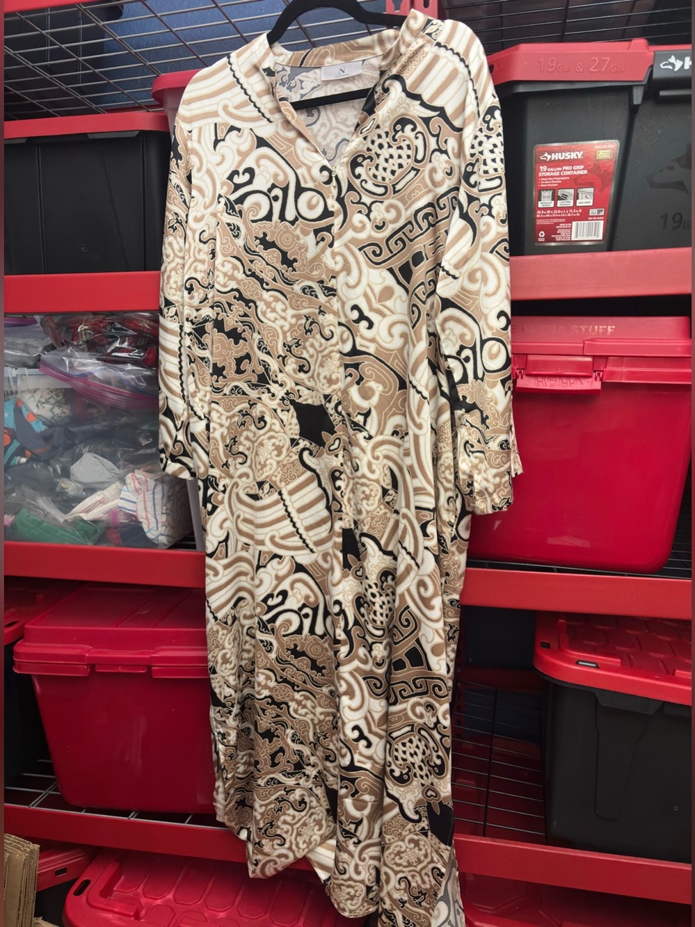 Vintage Natori Beige & Black Abstract Print Silky Zip Up Maxi Gown Robe Large